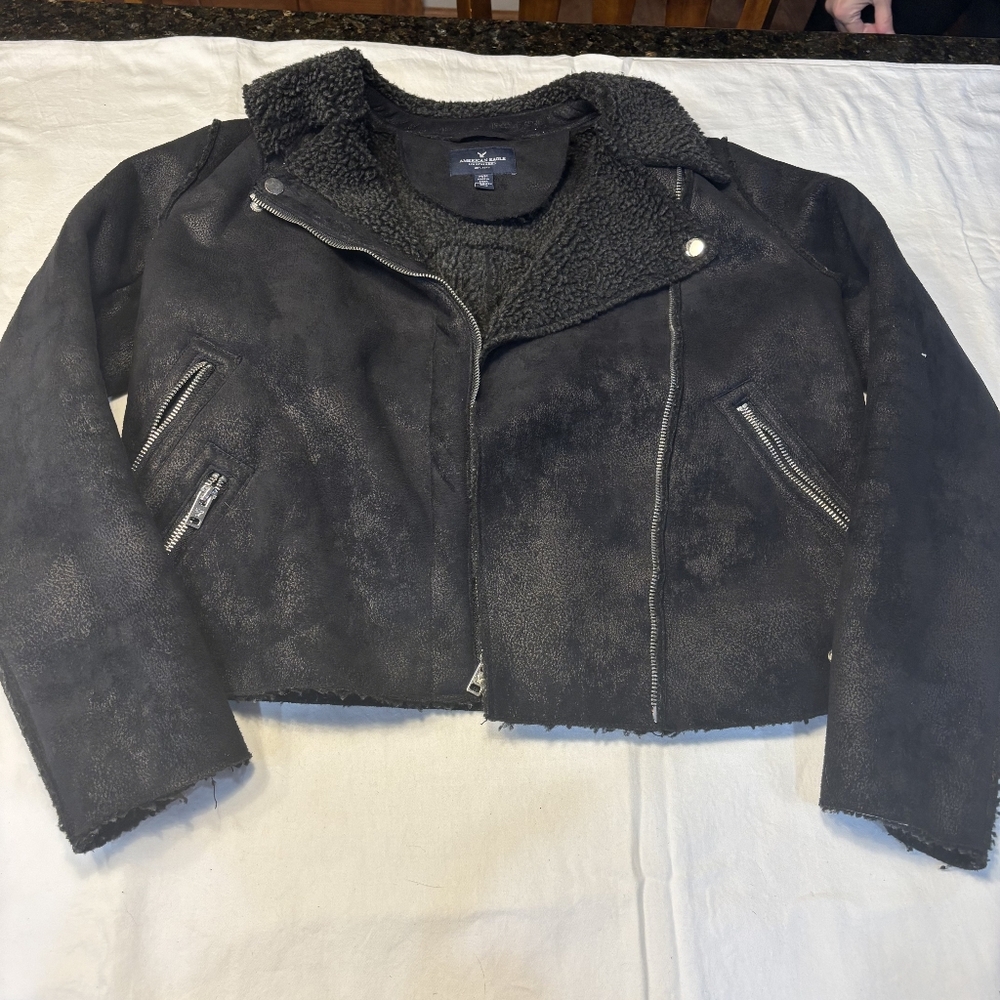American Eagle Outfitters Black Faux Suede Sherpa Lined Moto Jacket